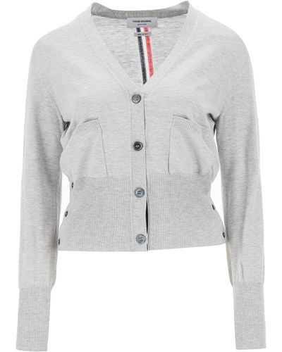 Thom Browne Cardigan With Tricolor Intarsia On The Back - Gray