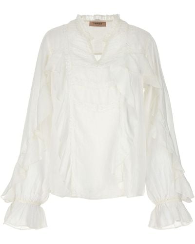 Twin Set Embroidery Ruffle Blouse Shirt, Blouse - White