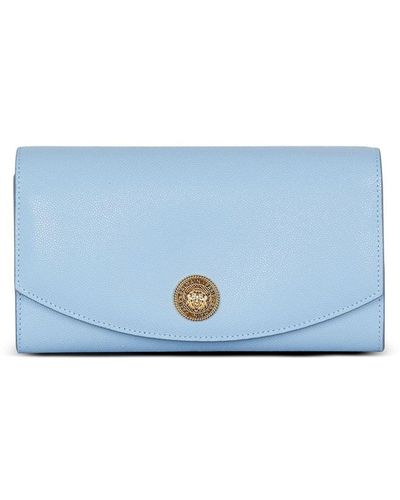 Balmain Embleme Wallet On Chain-Grained Calfskin - Blue