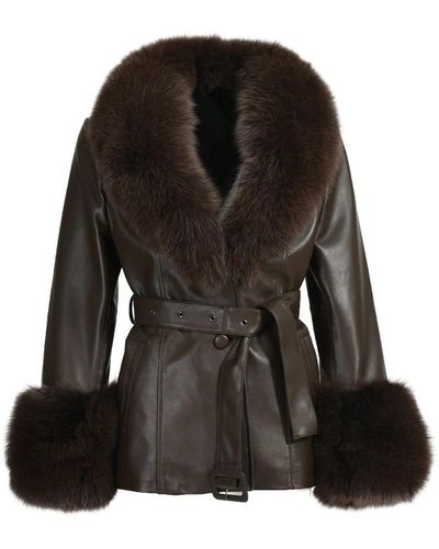 Wanan Touch Pegghy Leather And Fur Jacket Brown - Black