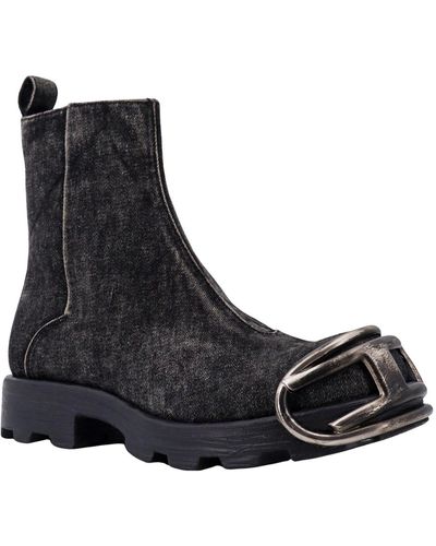 DIESEL Oval-D Cotton Denim Combat Boots - Black