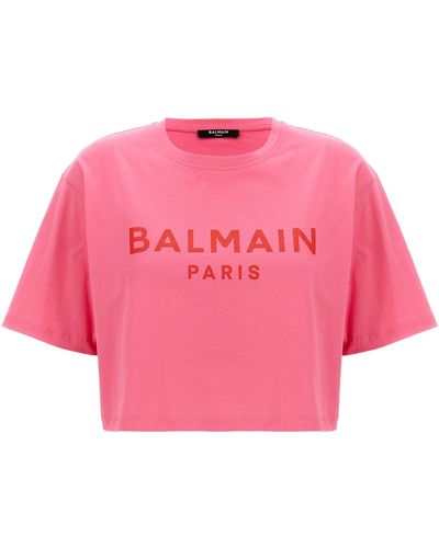Balmain Logo Print Cropped T-Shirt - Pink