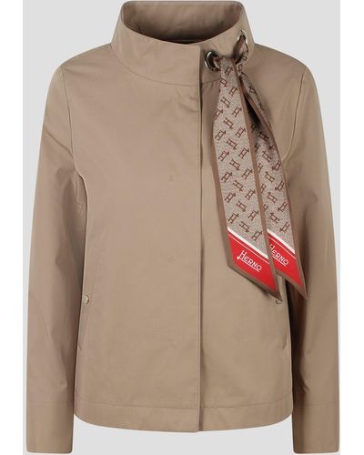 Herno Light cotton canvas jacket with scarf - Marrone
