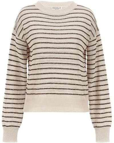 Brunello Cucinelli Striped Sweater Maglioni Beige - Bianco