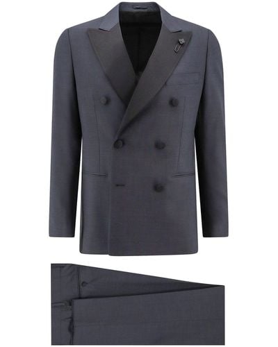 Lardini Wool Tuxedo With Iconic Brooch Detail - Blue