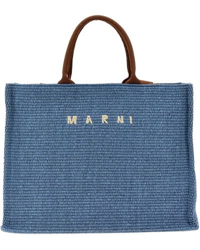 Marni Large Shopping Bag With Logo Embroidery - Blue