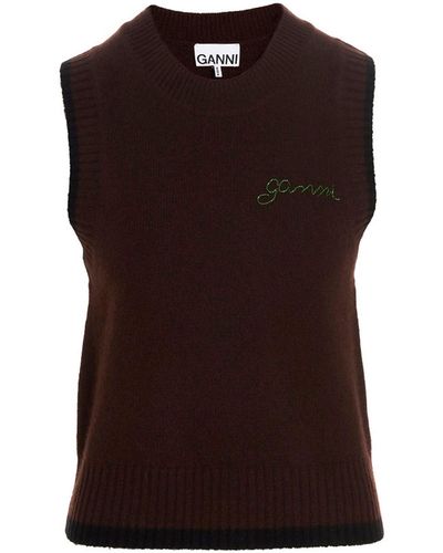 Ganni Logo Embroidery Vest - Brown