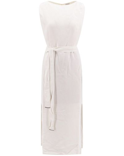 Brunello Cucinelli Viscose And Linen Dress With Jewel Application - White