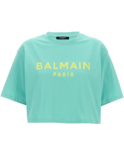 Balmain Logo Print Cropped T-Shirt - Blue