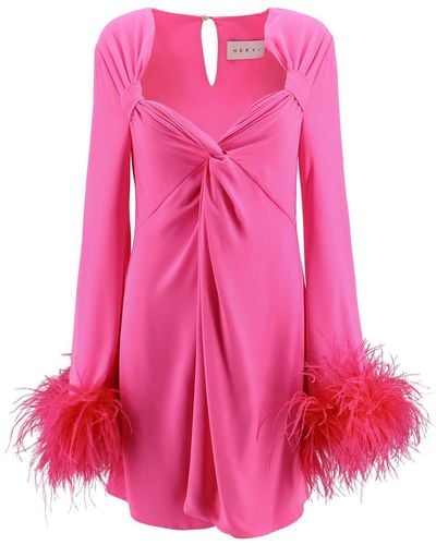 Nervi Dress With Natural Feathers With Knot On The Front - Pink