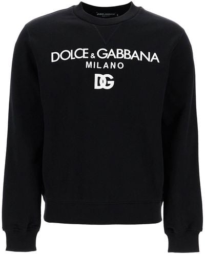 Dolce & Gabbana Felpa Girocollo Con Ricamo Dg E Stampa Logo Lettering - Black