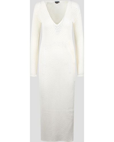 Tom Ford Openwork Stretch Viscose Knit V-Neck Maxi Dress - White