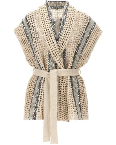 Brunello Cucinelli Sleeveless Cardigan Sweater, Cardigans - White