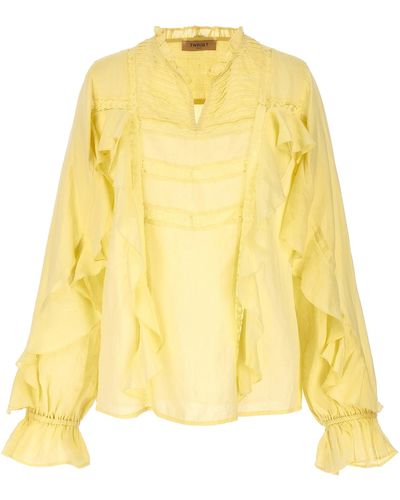 Twin Set Embroidery Ruffle Blouse Shirt, Blouse - Yellow