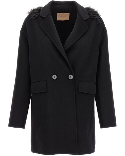 Twin Set Feather Double Breast Coat Coats, Trench Coats - Black