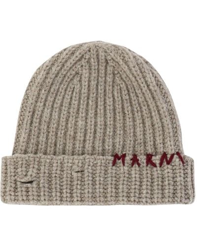 Marni Beanie With Embroidered Logo Hats - Natural