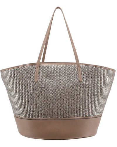 Brunello Cucinelli Straw And Leather Tote Bag - Grey