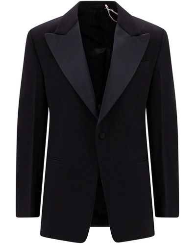 Ferragamo Wool Blazer With Satin Profiles - Blue