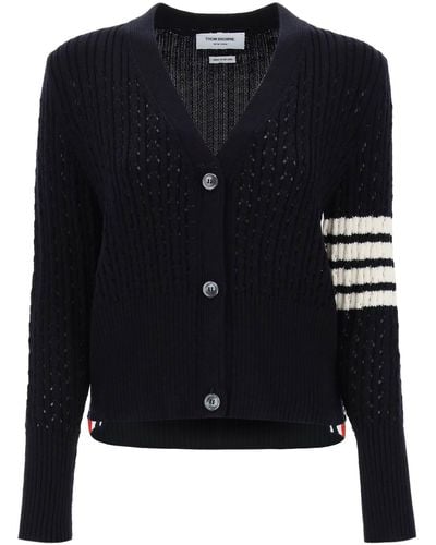 Thom Browne Pointelle Stitch Merino Wool 4 Bar Cardigan - Black