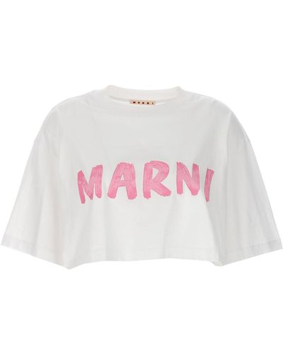 Marni Logo Print Cropped T Shirt Bianco - Rosa