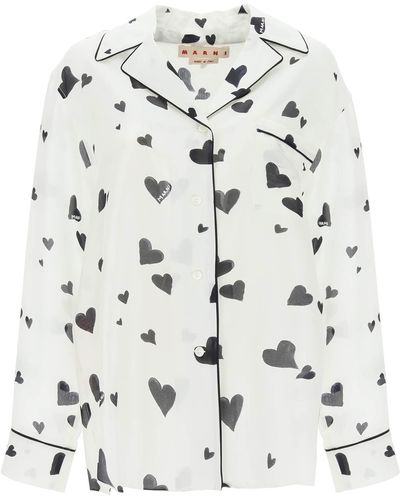 Marni Camicia pigiama in seta stampa Bunch of Hearts - Bianco