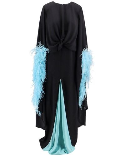 Nervi Long Dress With Natural Feathers Detail - Blue