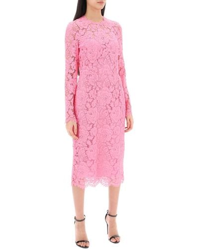 Dolce & Gabbana Midi Dress In Floral Cordonnet Lace - Pink