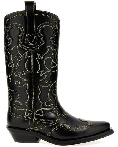 Ganni Mid Shaft Western Boots - - Leather - Black