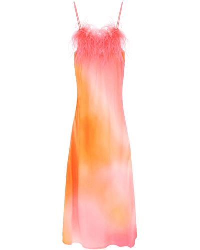Art Dealer 'ella' Maxi Slip Dress In Jacquard Satin With Feathers - Pink