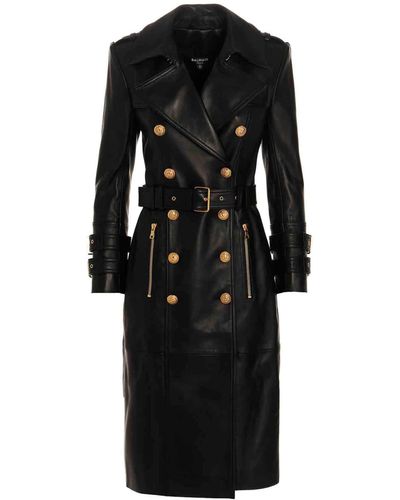 Balmain Belted Double-breasted Leather Trench Coat - Black