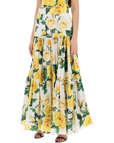 Dolce & Gabbana Gonna Lunga A Balze Con Stampa Rose Gialle - Yellow