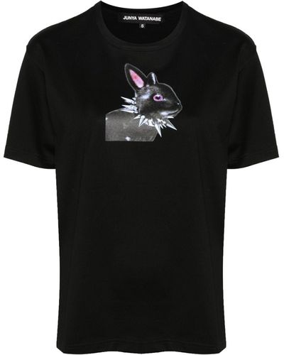 Junya Watanabe T-shirt in cotone con stampa coniglietti - Nero