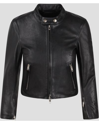 Balenciaga Cropped Leather Jacket - Black