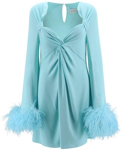 Nervi Dress With Natural Feathers With Knot On The Front - Blue
