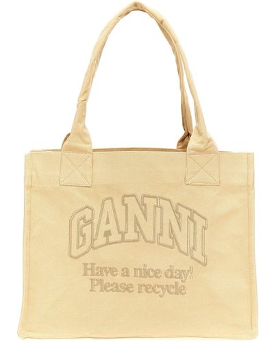 Ganni Logo Embroidery Shopping Bag Tote Beige - Neutro