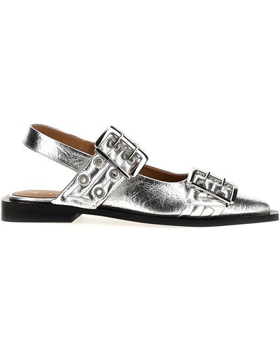 Ganni Wide Belt Buckle Flat Shoes Silver - Bianco