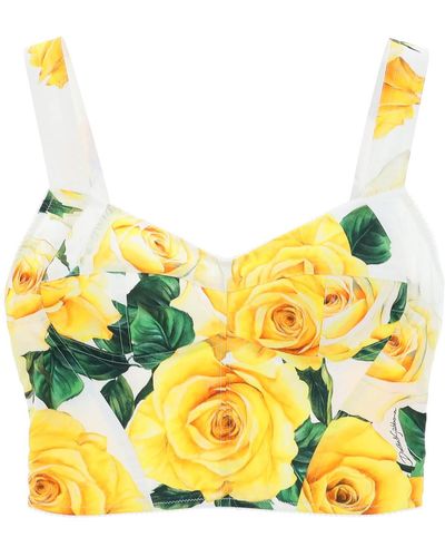 Dolce & Gabbana Cotton Bustier Top With Rose Print - Yellow