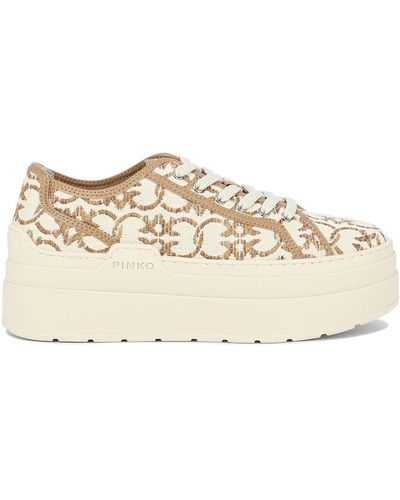 Pinko And Platform Sneakers With Love Birds Monogram - Natural