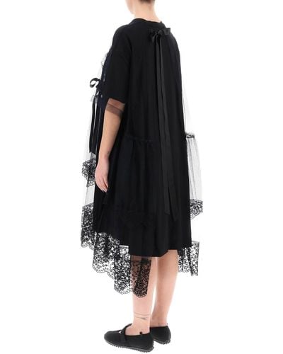 Simone Rocha Midi Dress In Mesh With Lace And Bows - Black