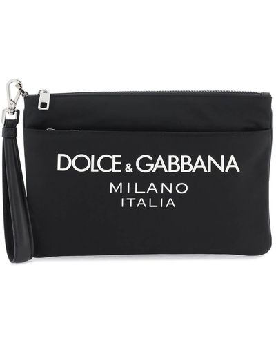 Dolce & Gabbana Pouch In Nylon Con Logo Gommato - Nero