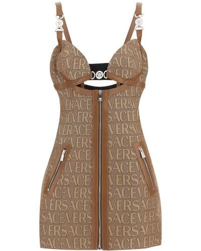 Versace Monogram Mini Dress With Leather Trims - Natural
