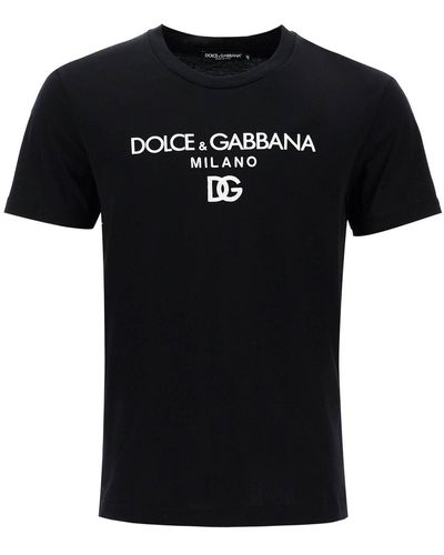 Dolce & Gabbana T Shirt Con Ricamo Dg E Stampa Logo Lettering - Black