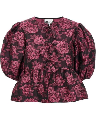 Ganni Floral Jacquard Blouse Camicie Fucsia - Rosso