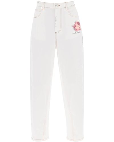 Marni Jeans Con Ricamo Logo E Patch Fiore - White