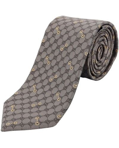 Gucci Silk Tie With Iconic Horsebit Detail Embroidery - Gray