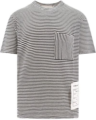 Amaranto Linen And Cotton T-shirt With Striped Motif - Gray