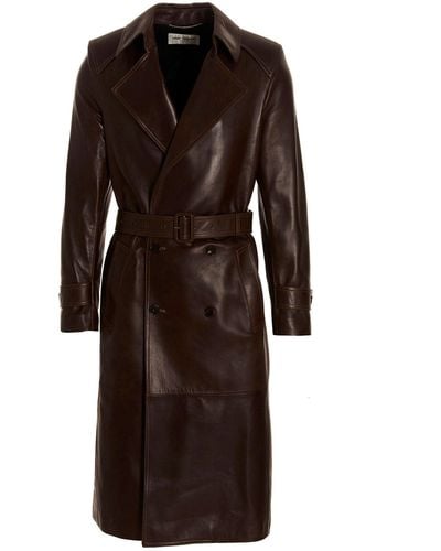 Saint Laurent Double-breasted Leather Trench Coat Coats, Trench Coats - Brown