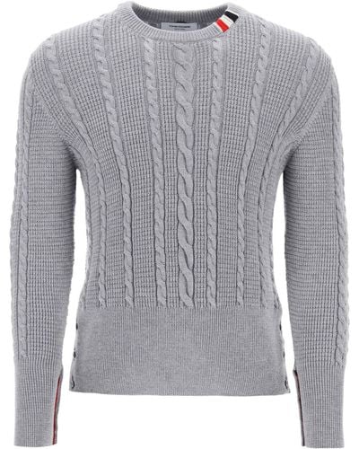 Thom Browne Cable Wool Sweater With Rwb Detail - Gray