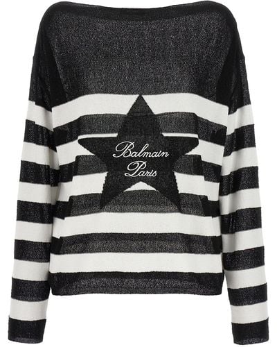 Balmain Logo Embroidery Striped Sweater Maglioni Bianco/Nero - Grigio