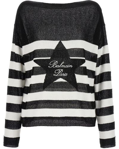 Balmain Logo Embroidery Striped Sweater Sweater, Cardigans - Gray